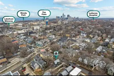 arial view of a city with houses and buildings at Hot Tub Amazing Location! Modern Ohio City Luxury 2 King Beds in Ohio City