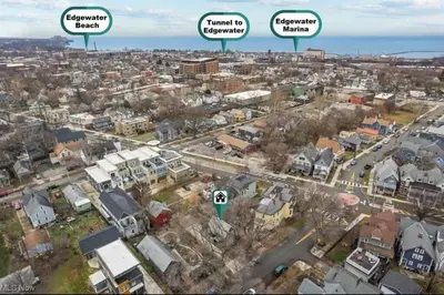 an aerial view of a city with three buildings at Hot Tub Amazing Location! Modern Ohio City Luxury 2 King Beds in Ohio City