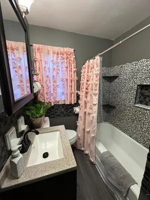 a bathroom with a sink and a tub and a toilet at Akron Abode - 2pm Check In & Out in Akron