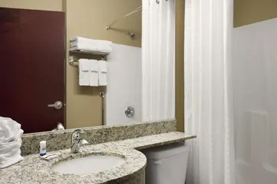 a bathroom with a sink and a toilet and a mirror at Microtel Inn and Suites Carrollton in Carrollton