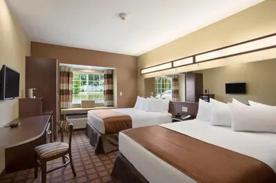 a hotel room with two beds and a desk at Microtel Inn and Suites Carrollton in Carrollton