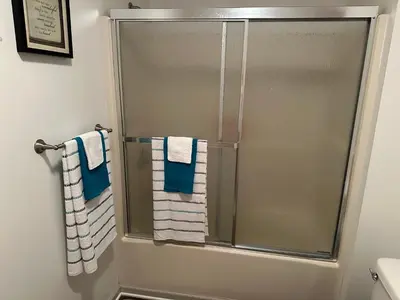 a bathroom with a shower with blue and white towels at Cozy apartment embedded in Kentucky mountains in Hagerhill