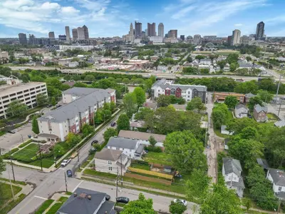 an aerial view of a city with buildings at The Rich Street Getaway in Columbus