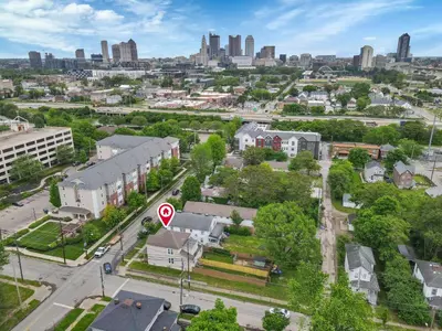 an aerial view of a city with a stop sign at The Rich Street Getaway in Columbus