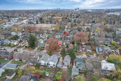 an aerial view of a residential neighborhood with a no parking sign at The Orchard Oasis in Columbus