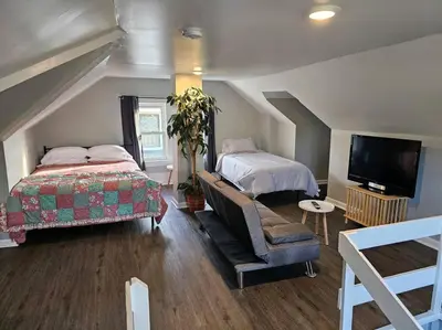 a bedroom with a bed and a tv and a chair at Spacious in the heart of it all in Cleveland