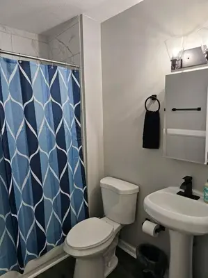 a bathroom with a toilet and a sink and a shower at Spacious in the heart of it all in Cleveland