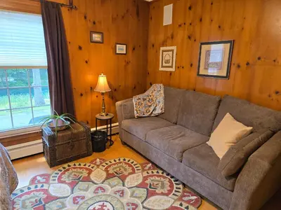 a living room with a couch and a rug at Large private retreat near Summit Lake in New Castle