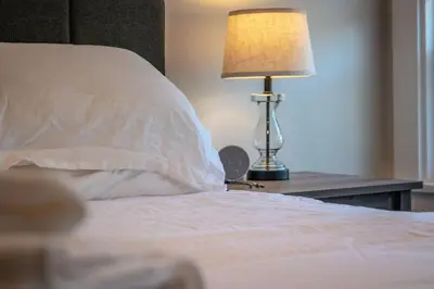 a bed with a pillow and a lamp on a table at Cozy studio near Cleve Clinic Case in Cleveland Heights