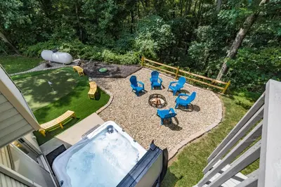 an overhead view of a backyard with a hot tub at Weekend Retreat Hot Tub Game Room Putt Putt in Lancaster