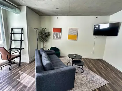a living room with a couch and a flat screen tv at 4 Brand new combined apartments with city views in Cleveland