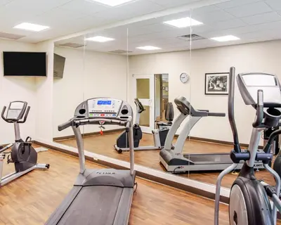 a gym with cardio machines and a mirror at Sleep Inn & Suites Parkersburg - Mineral Wells in Parkersburg