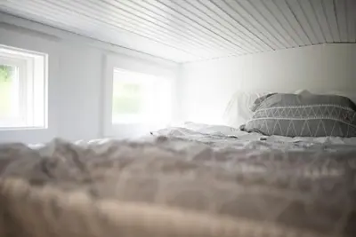 a bed in a white room with a window at Tiny House Strouds Run Lake in Athens