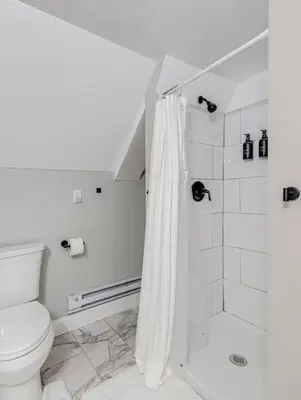 a white bathroom with a toilet and a shower at Upscale Home near Downtown Cle, R&R HoF, Beach, Arena in Cleveland