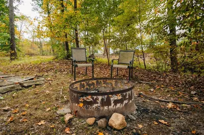 two chairs sitting next to a fire in the woods at Ferngully Creek Cabins in Millersburg