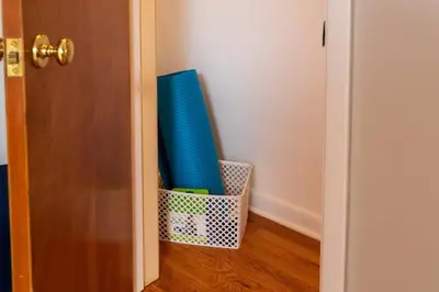 a room with a basket with blue chairs in it at 30day Conveniently Located in a Quiet Suburb in Cincinnati