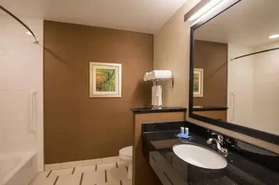 a bathroom with a sink and a toilet and a mirror at Fairfield Inn & Suites by Marriott Fort Wayne Southwest in Ellison