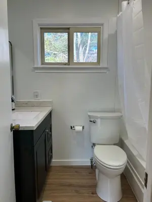 a bathroom with a toilet and a sink and a window at The House On Kings Corner in Mansfield