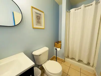 a bathroom with a toilet and a sink and a mirror at The Cocktail Cabin! 2 Miles to Cedar Point in Sandusky