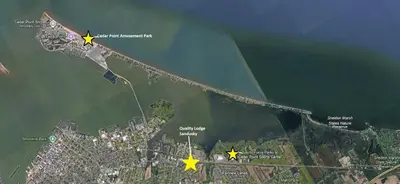 a map of the shoreline with yellow stars at The Cocktail Cabin! 2 Miles to Cedar Point in Sandusky