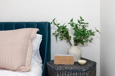 a plant in a vase on a table next to a bed at Family Duplex Suite in Downtown Sandusky Sleeps 12! in Sandusky