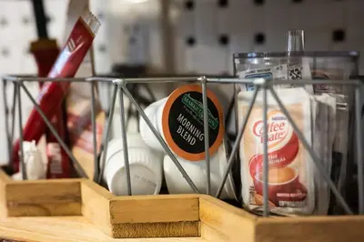 a basket of food and other items on a counter at Fauver Suite B in Dayton