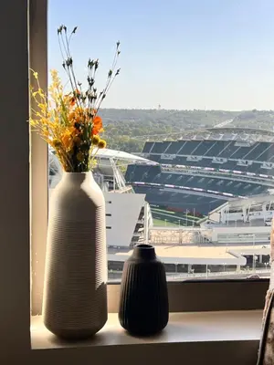 two vases sitting on a window sill with a view of a stadium at King Bed, Reds, Bengals, Free Parking, Downtown Cincy in Cincinnati