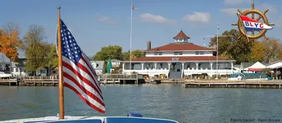 an american flag on a boat in front of a restaurant at Buckeye Lake Getaway in Thornville