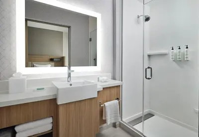 a bathroom with a sink and a mirror and a shower at SpringHill Suites by Marriot Troy Dayton in Troy