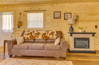 a living room with a couch and a fireplace at On 40 Acres Charming Cabin in Zanesville! in Zanesville