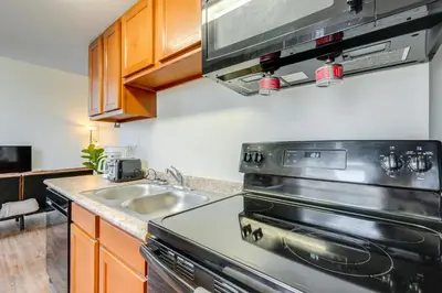 a kitchen with a stove and a sink at Unique and Stylish Studio Loft in Huntington! in Huntington