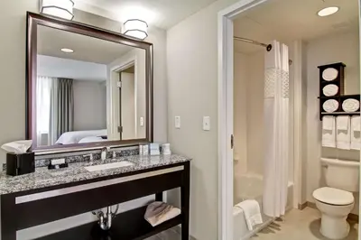 a bathroom with a sink and a mirror and a toilet at Hampton Inn and Suites Cincinnati - Downtown in Cincinnati