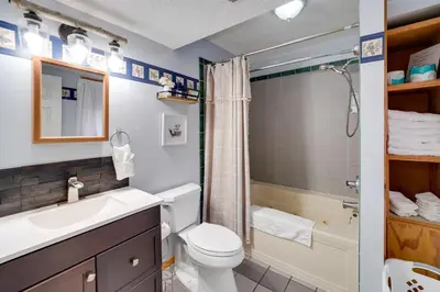 a bathroom with a sink and a toilet and a shower at Shared Pond at Retreat in Rosedale! in Rosedale