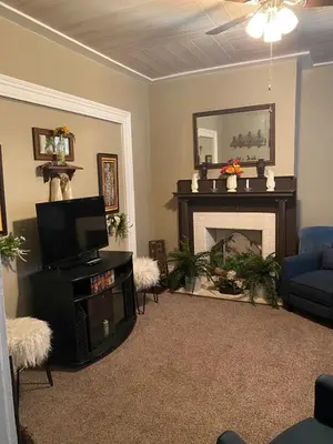 a living room with a tv and a fireplace at Charming Wheeling Island Home in Wheeling
