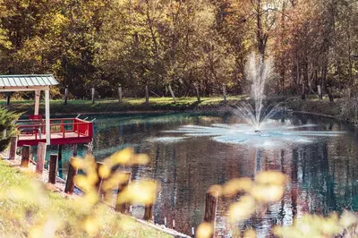 a pond with a fountain in a park at Sunset Cottage Hocking Hills in Rockbridge