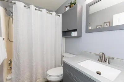 a bathroom with a white shower curtain and a toilet at Modern Condo Central Huron Boat Basin Area in Huron