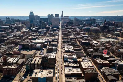 an aerial view of a city with a highway at Modern Condo in the heart of Over-The-Rhine in Cincinnati
