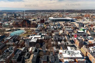 an aerial view of a city with buildings at Modern Condo in the heart of Over-The-Rhine in Cincinnati