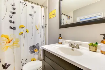 a bathroom with a sink and a shower curtain with flowers at Walk to Main Street Charming Bellevue Home in Bellevue