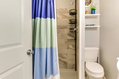 a bathroom with a toilet and a shower curtain at Walk to Main Street Charming Bellevue Home in Bellevue