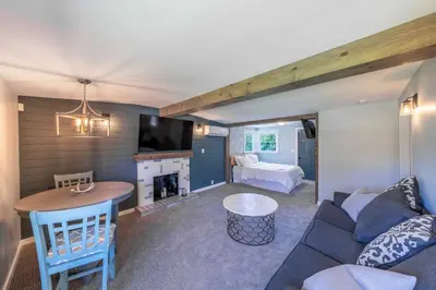 a living room with a couch and a fireplace at Oberlin Getaway in Oberlin