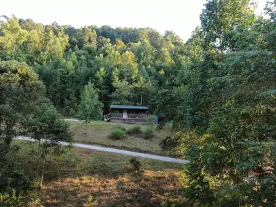 a cabin in the middle of a forest with a road at Covered Bridge Hideaway, swimming hole hot tub in Stanton