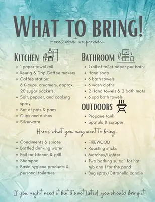 a poster of the what to bring menu at Hocking Hills Cabin, Hot Tub, Private Pond in McArthur