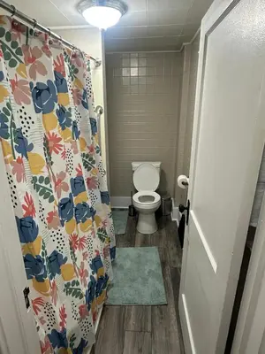 a bathroom with a toilet and a shower curtain at The Perazim in Akron