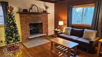 a living room with a christmas tree and a couch at Mountainside Cabin, Secluded, Hot Tub, Lake Accessible in Rockbridge