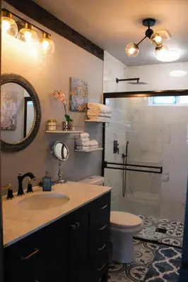 a bathroom with a sink and a shower at Nature Mystique Retreat 3 Bedroom Moroccan Cabin in Creola