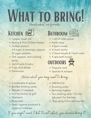 a poster of what to bring in a restaurant at Whispering Waters, Hocking Hills, Hot Tub, Pond in Rockbridge