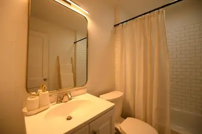 a bathroom with a sink and a toilet and a mirror at Edgewater Stay on W78th in Cleveland
