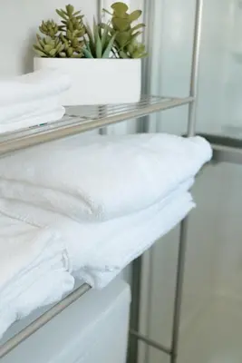 a shelf with towels and a plant on it at Mid Ohio Comfort 10 Minutes From Snow Trails in Lexington