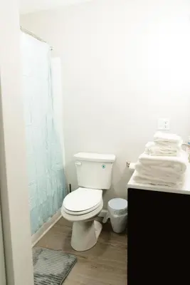 a bathroom with a white toilet and a shower at Mid Ohio Comfort 10 Minutes From Snow Trails in Lexington